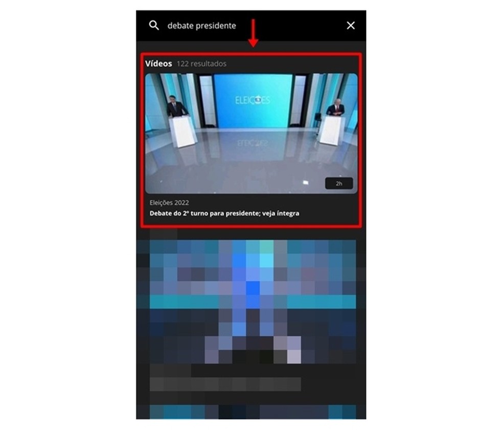 Após encontrar o vídeo correspondente, basta clicar para assistir último embate de presidenciáveis completo no Globoplay — Foto: Reprodução/Gabriela Andrade