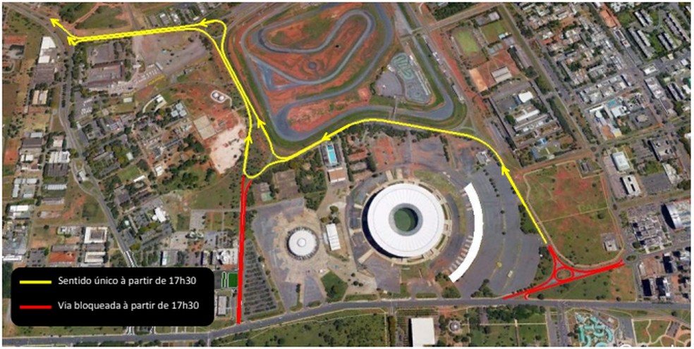 Mapa da região do Estádio Mané Garrincha e alterações no trânsito para Avaí x Flamengo, no sábado (7) — Foto: Detran-DF / Divulgação