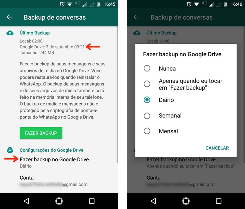 Ative backups diários do WhatsApp no Google Drive antes da migração para espaço ilimitado — Foto: Reprodução/Raquel Freire