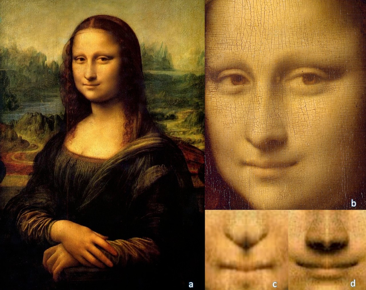 A: A Mona Lisa de Leonardo da Vinci (Museu do Louvre, Paris). B: O rosto de Mona Lisa C: Imagem quimérica do lado esquerdo do sorriso de Mona Lisa. D: Imagem quimérica do lado direito do sorriso de Mona Lisa. (Foto: Università La Sapienza)