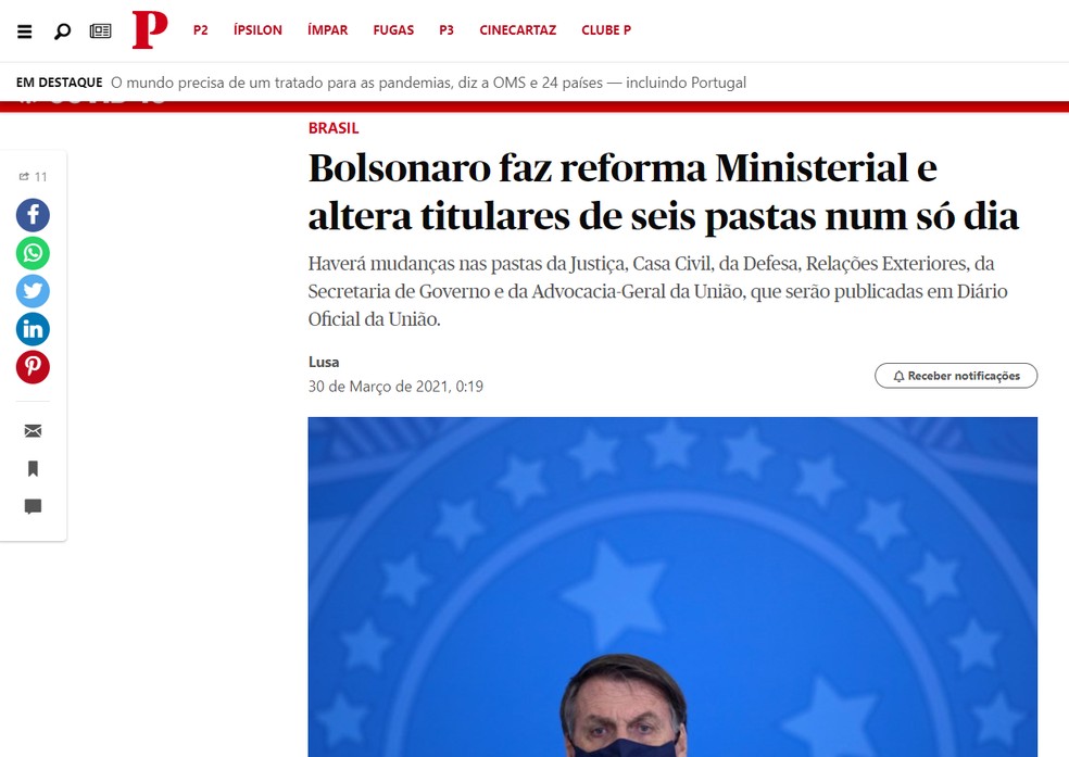 Público: imprensa internacional noticia reforma ministerial de Bolsonaro — Foto: Reprodução/Público