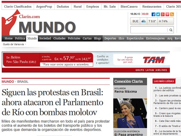 No argentino “El Clarín”, o destaque é para as bombas incendiárias lançadas contra a Assembleia Legislativa do Rio. (Foto: Reprodução / El Clarín)