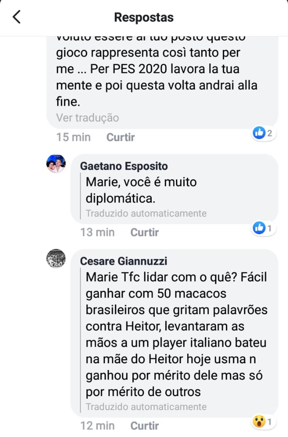 Pai de Ettorito chama brasileiros de "50 macacos" em resposta — Foto: Reprodução/Facebook
