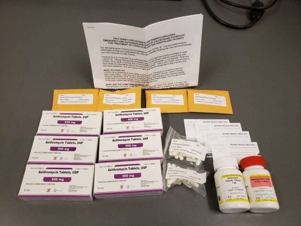 Kits vendidos por médico Jennings Staley como se fossem cura para Covid-19 — Foto: Reprodução/Departamento de Justiça dos EUA