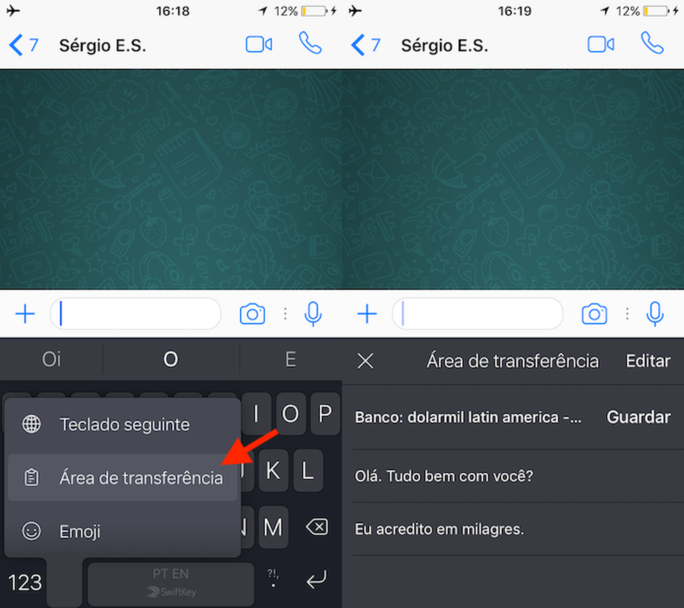 Caminho para acessar textos salvos no teclado SwiftKey para iPhone (Foto: Reprodução/Marvin Costa)