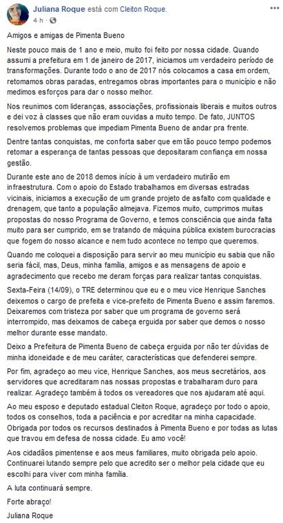 Prefeita de Pimenta Bueno anunciou o afastamento no Facebook — Foto: Facebook/Reprodução
