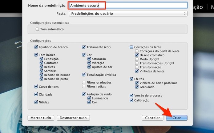 Ação para criar um preset no Lightroom (Foto: Reprodução/Marvin Costa)