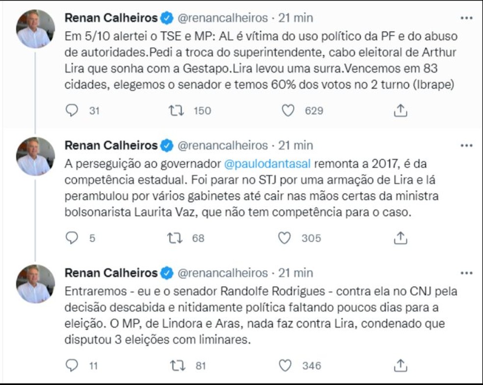 Renan Calheiros saiu em defesa de Dantas no Twitter  — Foto: Reprodução/Twitter 