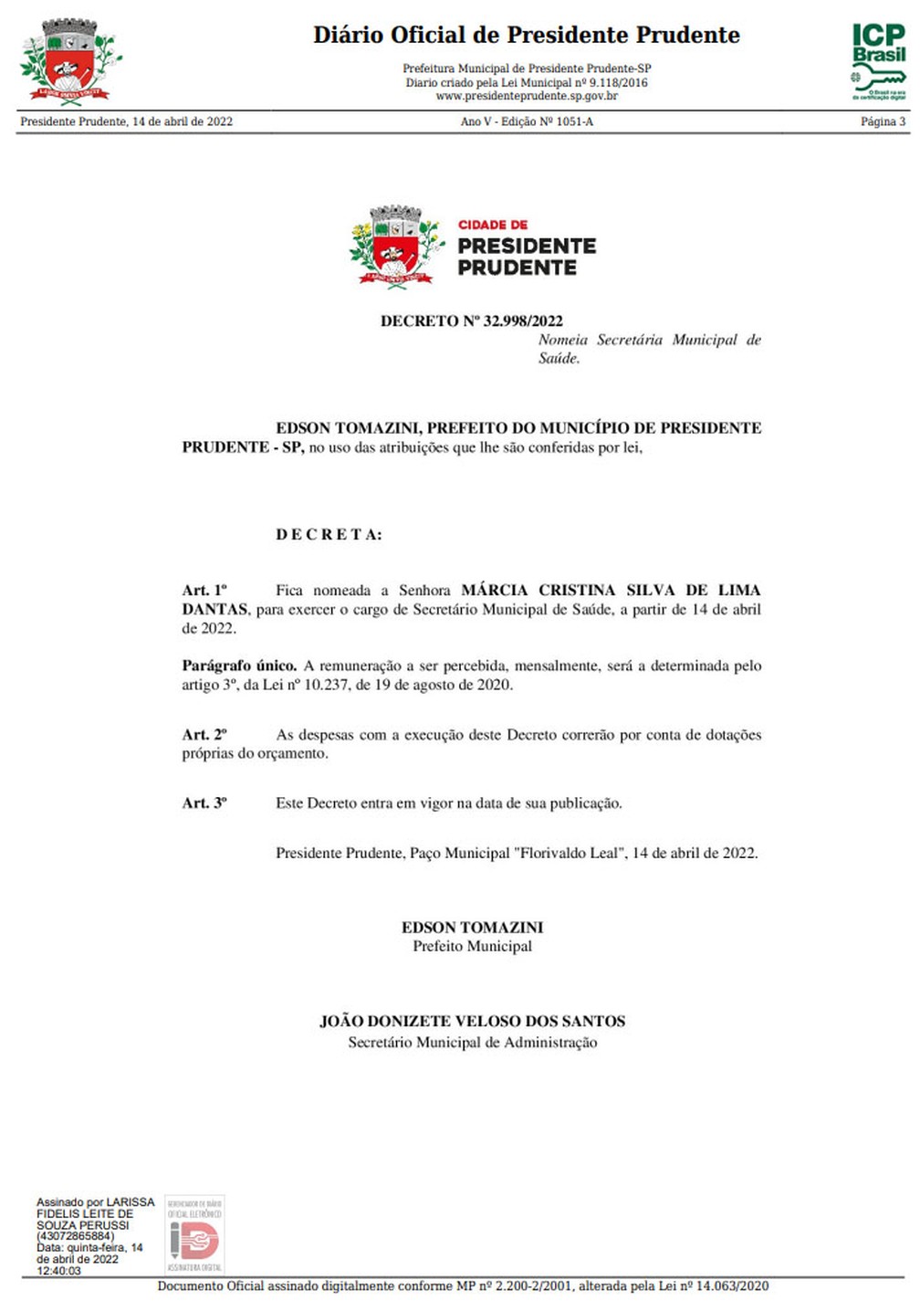 Decreto oficializa infectologista Márcia Dantas como secretária municipal de Saúde de Presidente Prudente — Foto: Reprodução