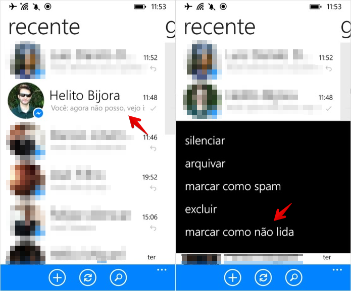 Marcando conversa como n?o lida no Facebook Messenger para Windows Phone (Foto: Reprodu??o/Helito Bijora) 