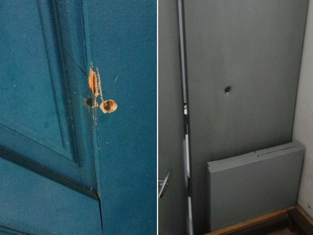Um dos tiros atravessou a porta do alojamento dos agentes e atingiu um armário  (Foto: Anderson Barbosa/G1)