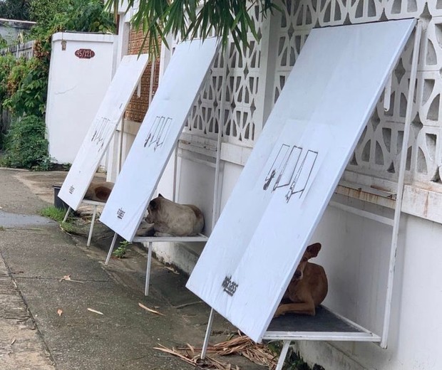 Na Tailândia, estruturas feitas de outdoors reaproveitados abrigam cães de rua (Foto: Reprodução Instagram @stand_forstrays)