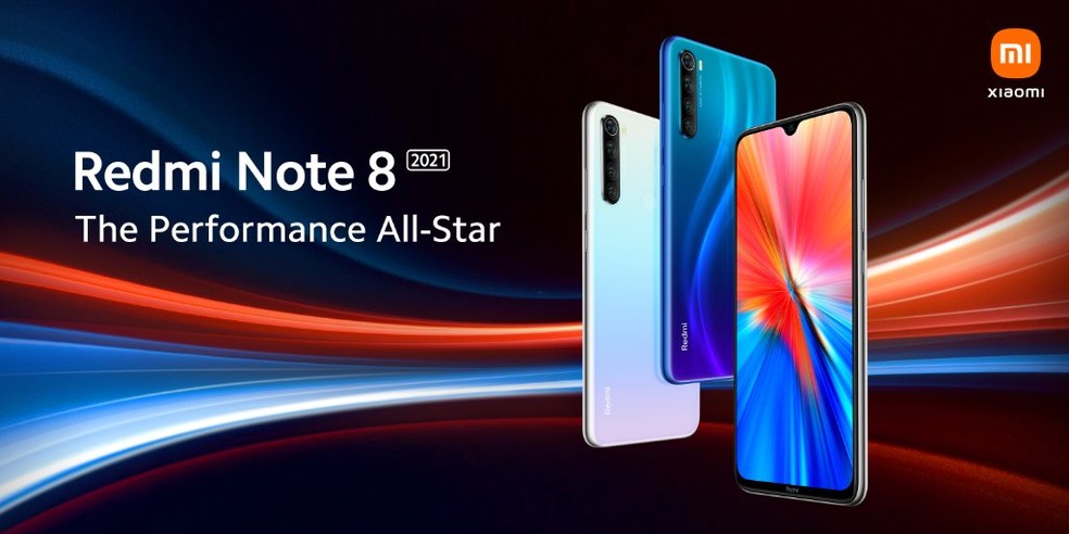 Redmi Note 8 2021 tem notch em forma de gota e conjunto de câmera na vertical — Foto: Divulgação/Xiaomi