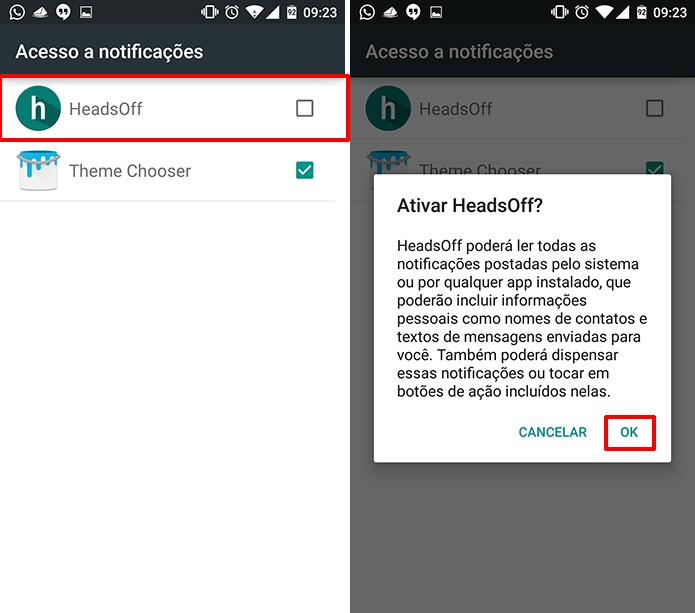 HeadsOff deve ser marcado para que Android Lolliopop comece a exibir notifica??es do app (Foto: Reprodu??o/Elson de Souza)