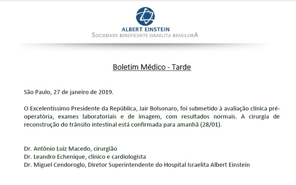 Boletim médico de Jair Bolsonaro foi divulgado na tarde deste domingo — Foto: Reprodução