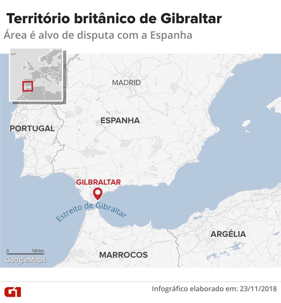 Mapa do território de Gibraltar — Foto: Infografia: Karina Almeida