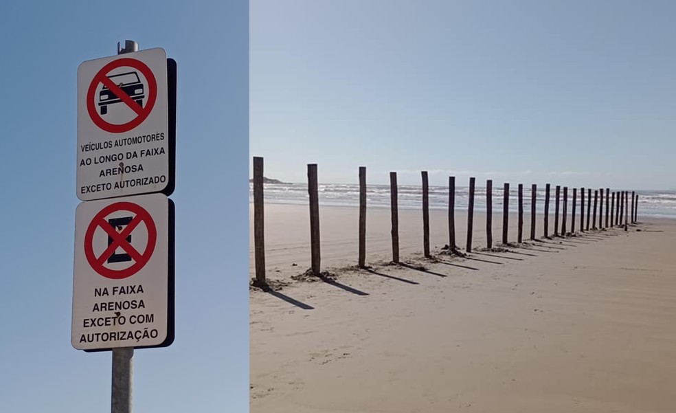 Sinalização na Praia de Taninguá e barreira de estacas de madeira colocada na faixa de areia — Foto: Bruno Lima/Arquivo Pessoal