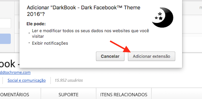 Opção para instalar a extensão DarkBook no Google Chrome (Foto: Reprodução/Marvin Costa)