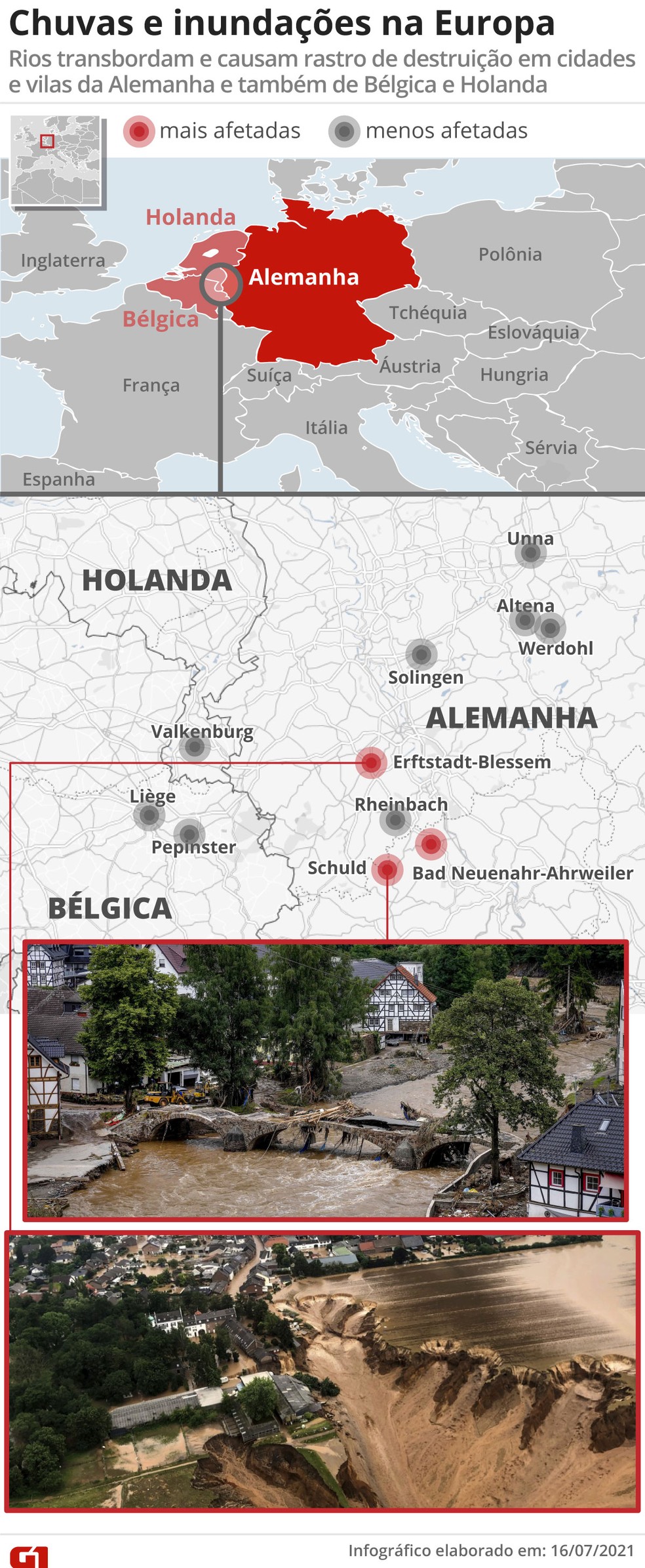 Chuvas e inundações na Europa: temporal deixa dezenas de mortos na Alemanha e na Bélgica e afeta cidades também na Holanda e na França — Foto: Editoria de Arte/G1
