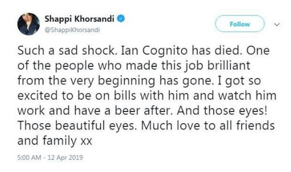 Um tuíte lamentando a morte do comediante Ian Cognito (Foto: Twitter)