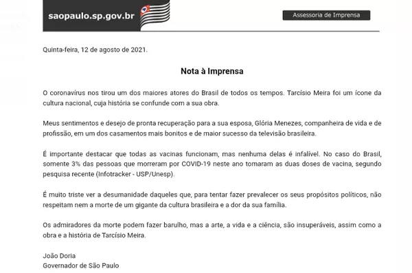 Nota do governador João Doria sobre o falecimento do ator  — Foto: Divulgação/Governo de SP