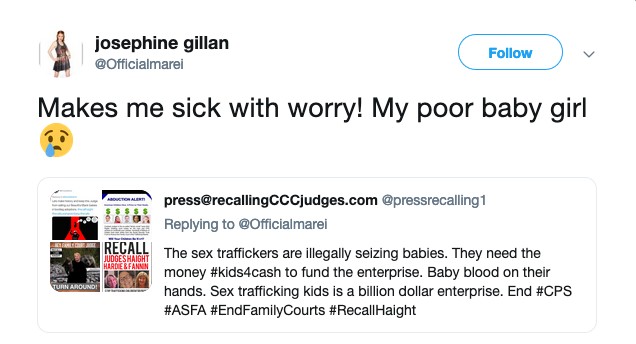 Um dos tuítes da atriz Josephine Gillan acusando o governo de Israel de tráfico de crianças (Foto: Twitter)