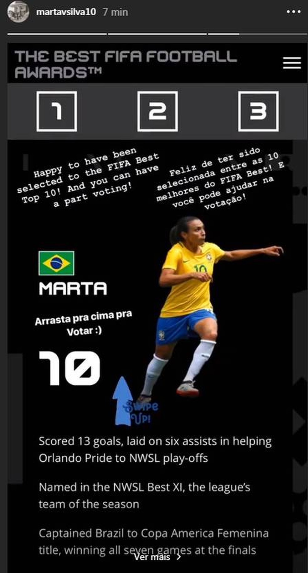Marta celebra indicação ao prêmio de melhor do Mundo (Foto: Reprodução Instagram)