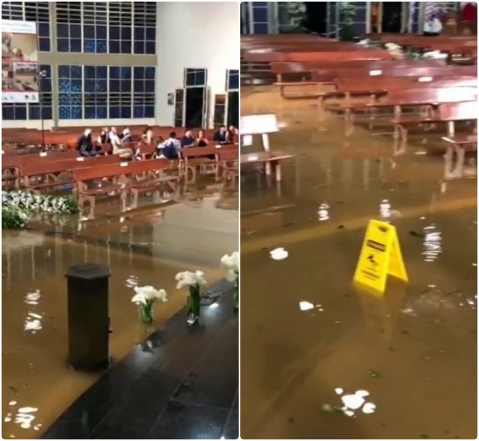 Padrinhos já estavam nos bancos quando igreja alagou durante temporal — Foto: Redes sociais