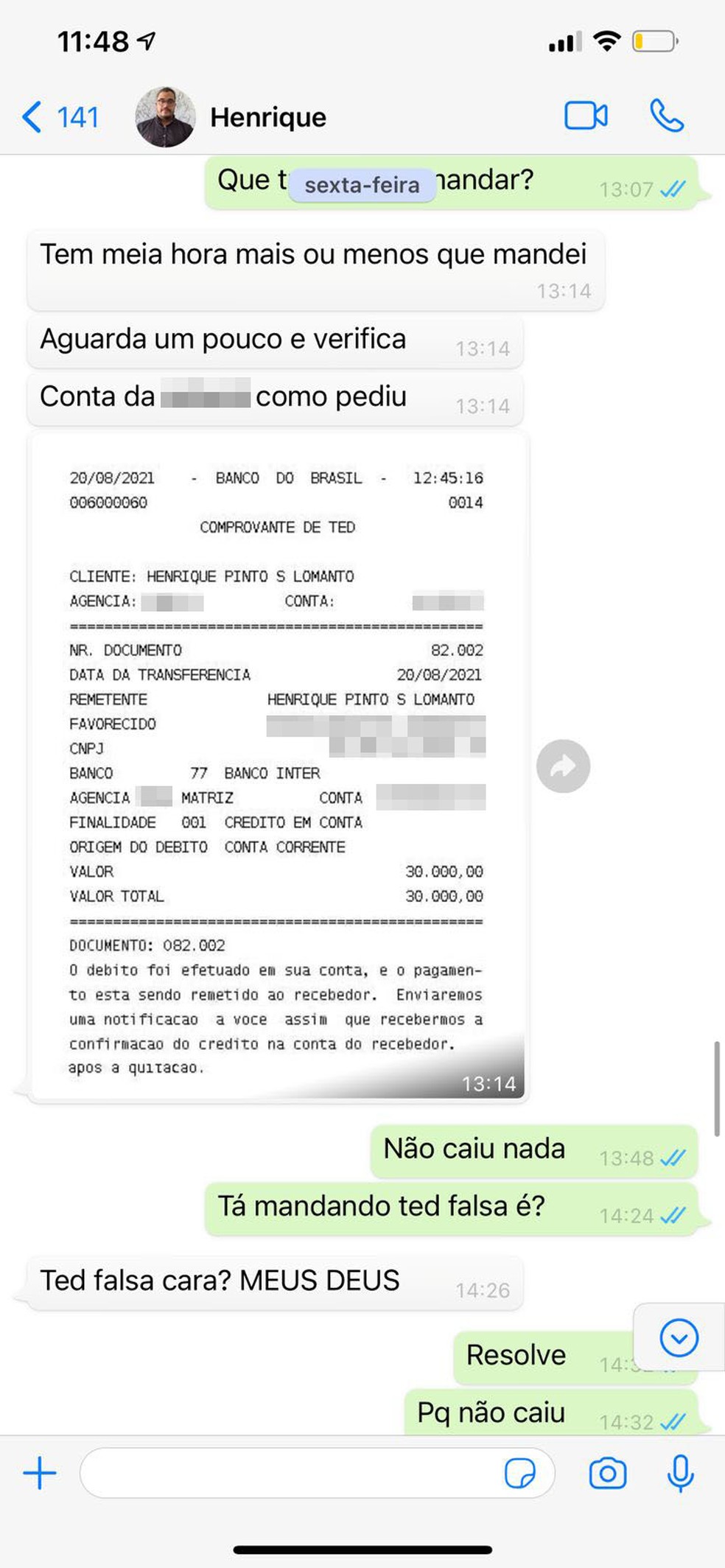 Henrique Sepulveda enviava comprovantes falsos de transferência para a vítima — Foto: Arquivo pessoal