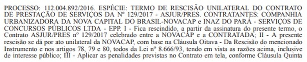 Trecho de publicação no Diário Oficial do DF que mostra rescisão de contrato com banca organizadora do concurso da Novcap    — Foto: Diário Oficial do DF/Reprodução 