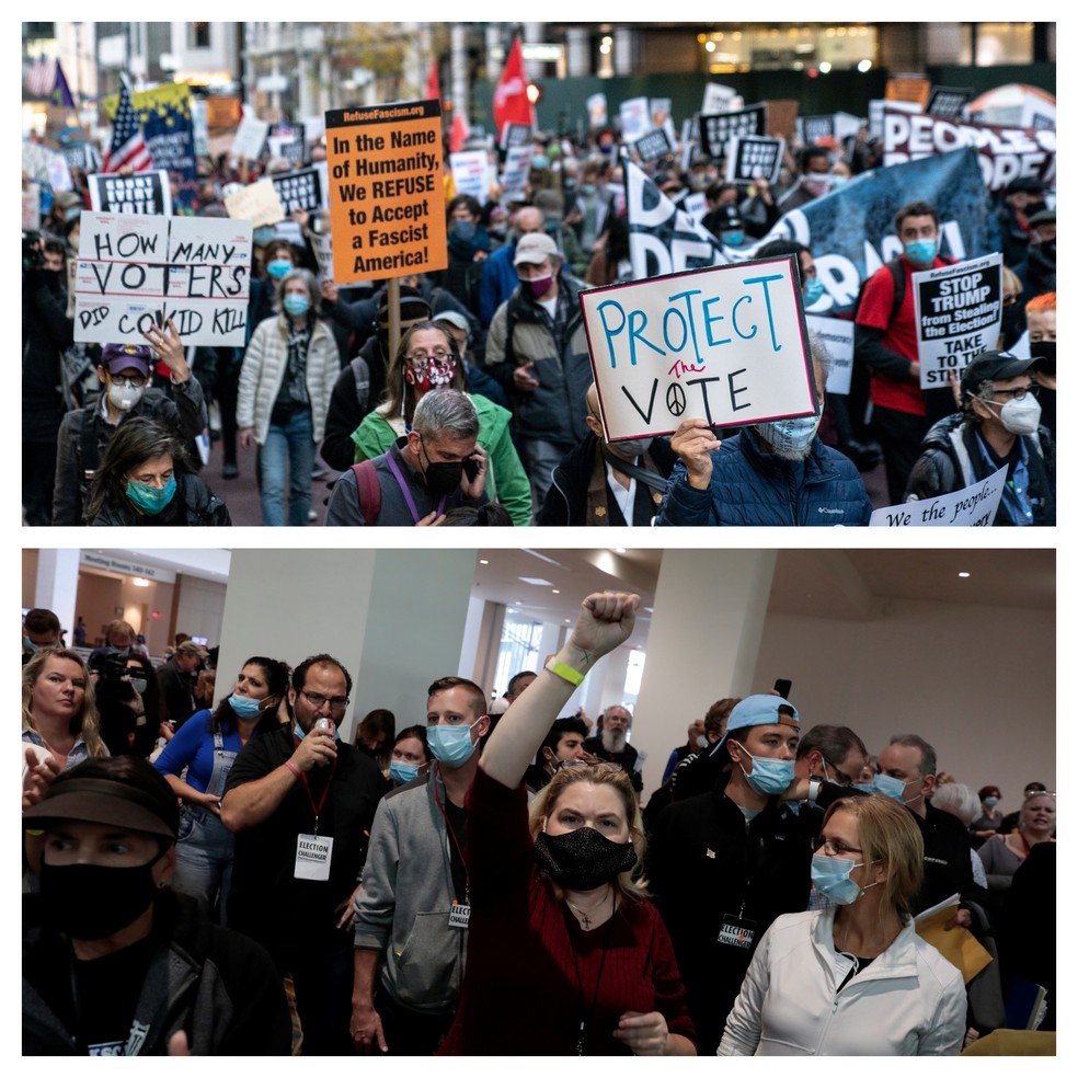 Montagem com imagens de Nova York, onde manifestantes pediram a contagem de votos, e Detroit, onde pessoas que apoiam Donald Trump tentaram interromper a contagem — Foto: Jeenah Moon e Rebecca Cook/Reuters