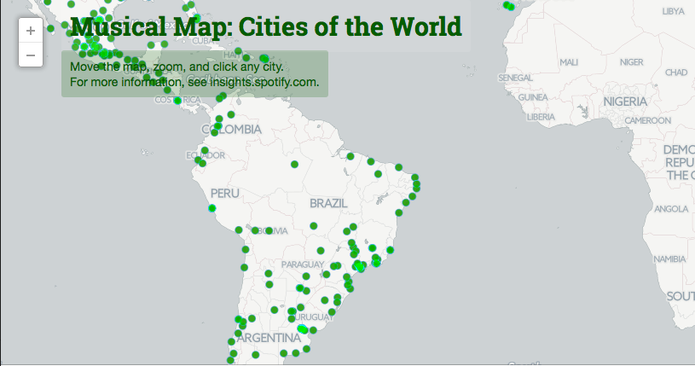 Musical Map mostra os artistas mais ouvidos em cada cidade, incluindo Brasil (Foto: Reprodução/Spotify)