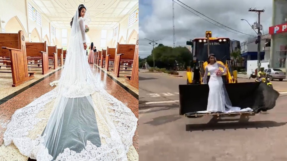 Noiva surpreende ao chegar de retroescavadeira em casamento no Pará — Foto: Acervo Pessoal