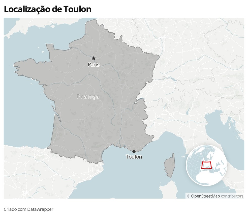 Mapa mostra onde fica a cidade de Toulon, no sul da França — Foto:  G1