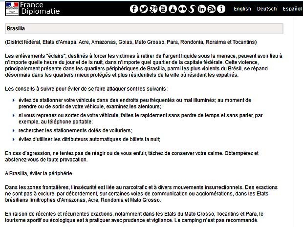 Reprodução do site do Ministério das Relações Exteriores da França, que alerta sobre risco de sequestro-relâmpago em Brasília (Foto: Reprodução)