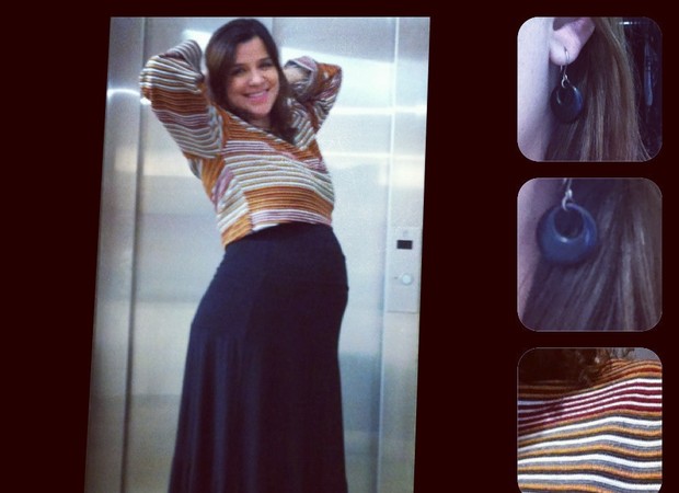 A saia, encontrada em uma lojinha da Lapa (RJ) valorizou a barriga sem tirar a elegância (Foto: divulgação)