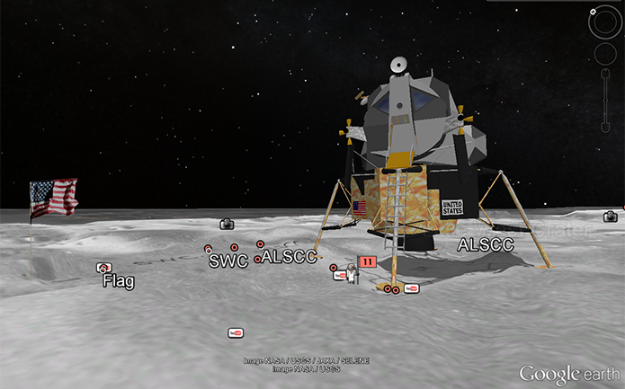 Modelos 3D mostram os módulos lunares cercados por pontos de interesse com links para fotos e vídeos produzidos por astronautas (Foto: Reprodução/Filipe Garrett)