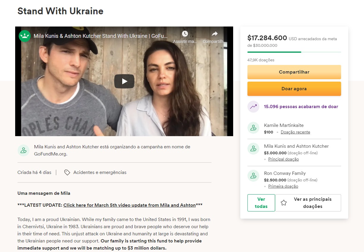 Mila Kunis e Ashton Kutcher agradecem doações  (Foto: Reprodução)