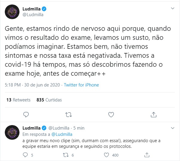 Brunna Gonçalves e Ludmilla contam que já teve o novo coronavírus (Foto: Reprodução/Twitter)