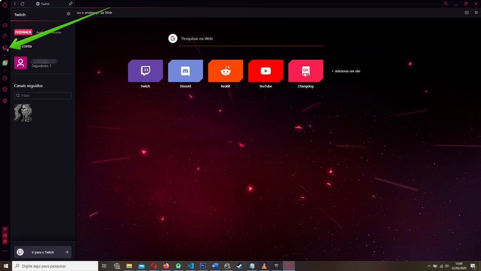 Navegador permite usar o Twitch por meio da barra lateral — Foto: Reprodução/Filipe Garrett