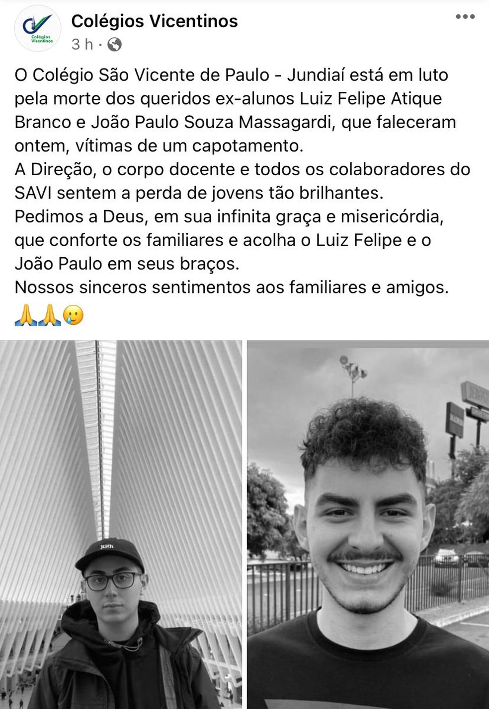 Colégio divulga nota de pesar após jovens morrerem em acidente de Jundiaí — Foto: Reprodução/Facebook