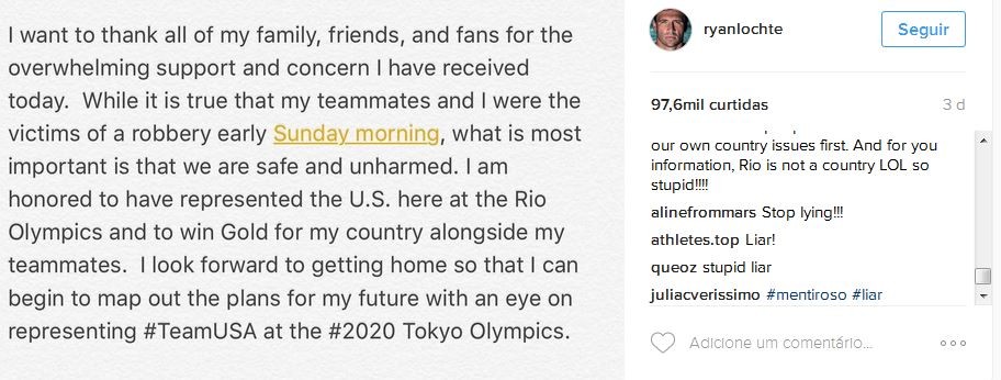 Ryan Lochte está sendo muito criticado nas redes sociais (Foto: Instagram/Reprodução)