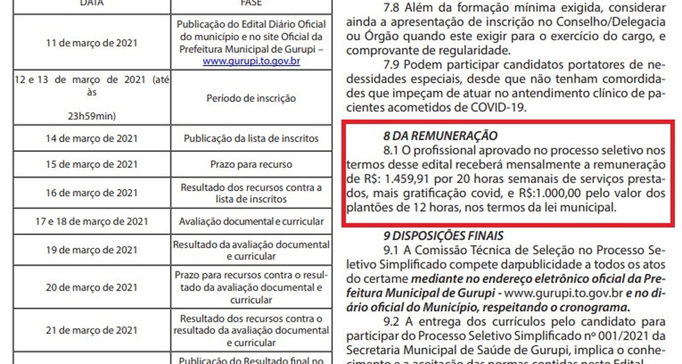 Salários previstos para as vagas emergenciais de médicos são de menos de R$ 1,5 mil — Foto: Reprodução/Diário Oficial de Gurupi