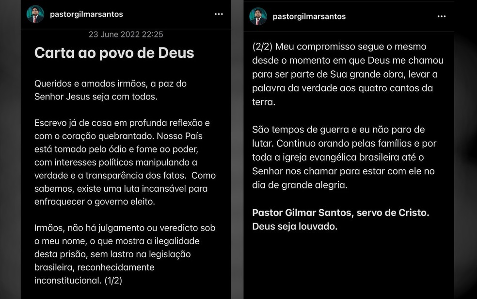 Pastor Gilmar Santos diz que é inocente após ser preso em operação da Polícia Federal — Foto: Reprodução/Instagram