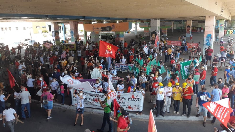 7 de Setembro: grupo protesta contra o governo Bolsonaro sob a Ponte JK, em Teresina — Foto: Lucas Marreiros/G1