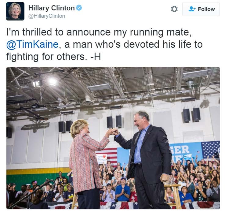 Hillary Clinton anuncia pelo Twitter que escolheu o senador Tim Kaine como vice na chapa democrata (Foto: Reprodução/ Twitter/ Hillary Clinton)