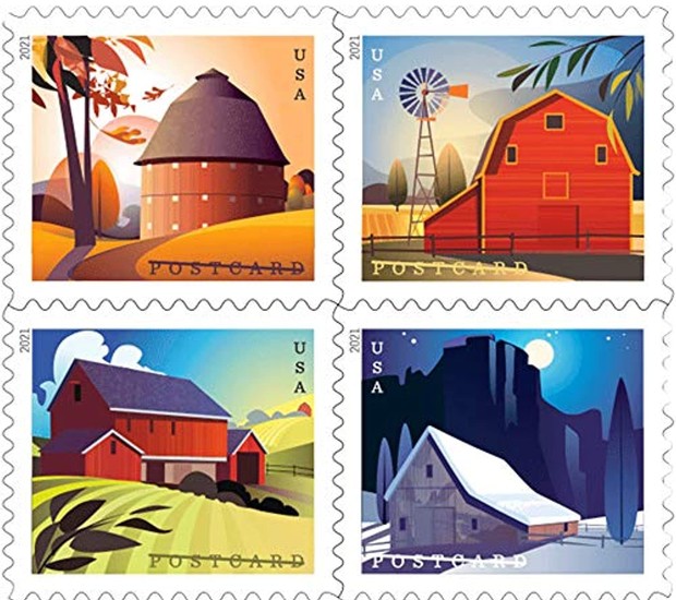 Em 2021, o Serviço Postal dos EUA lançou selos postais inspirados em celeiros vermelhos (Foto: USPS, artwork by Kim Johnson, CC BY-ND)