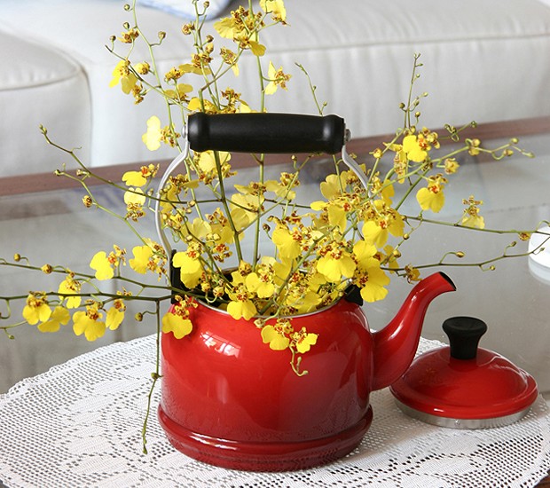 Quer descontrair? Crie um vaso novo para a sua flor. Esta chuva-de-ouro ficou charmosa dentro de uma chaleira esmaltada vermelha (Foto: Evelyn Müller)