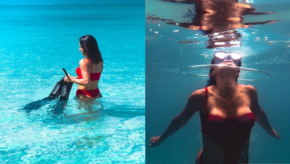 Bruna Biancardi publica foto de maiô vermelho recortado em mergulho nas Maldivas
