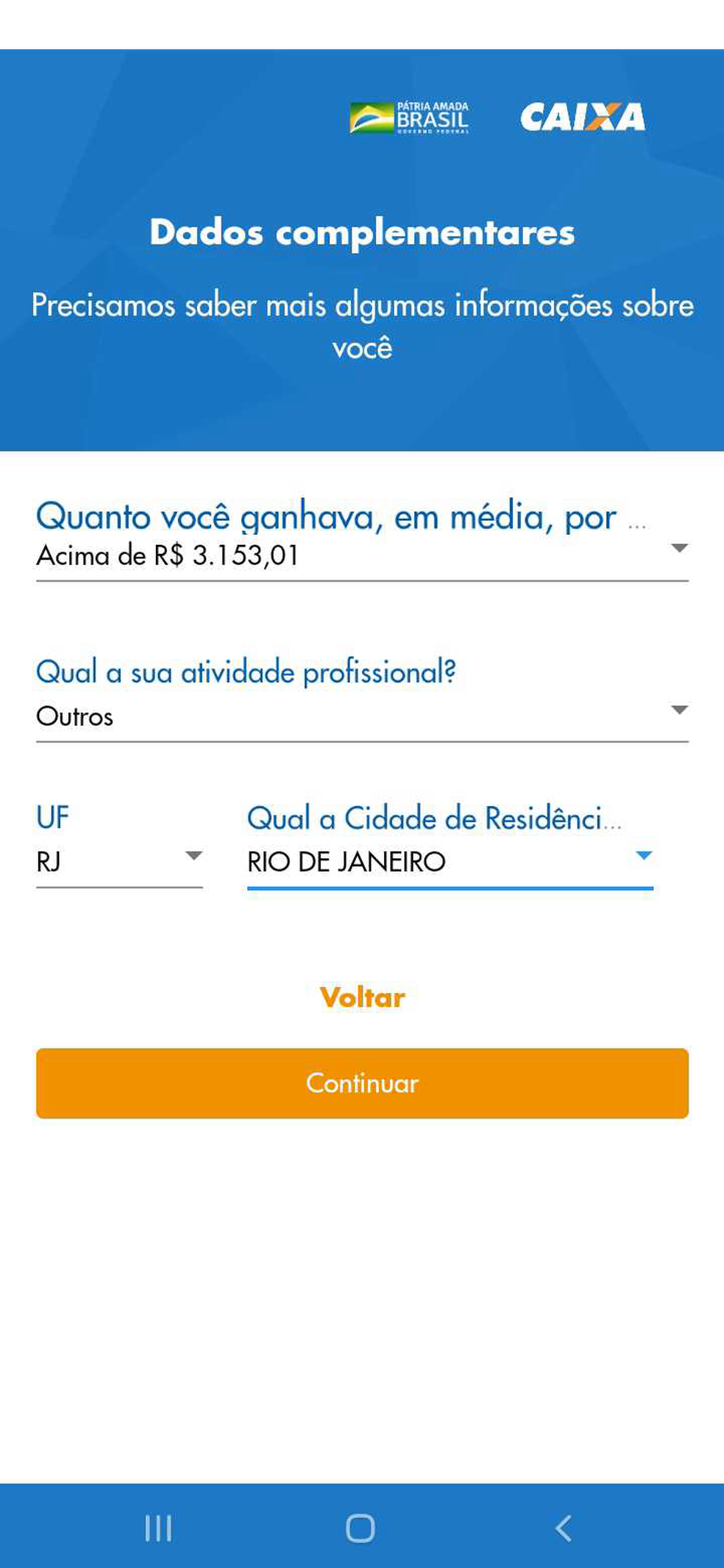 Página para cadastro no programa de auxílio emergencial de R$ 600 no aplicativo da Caixa — Foto: Reprodução